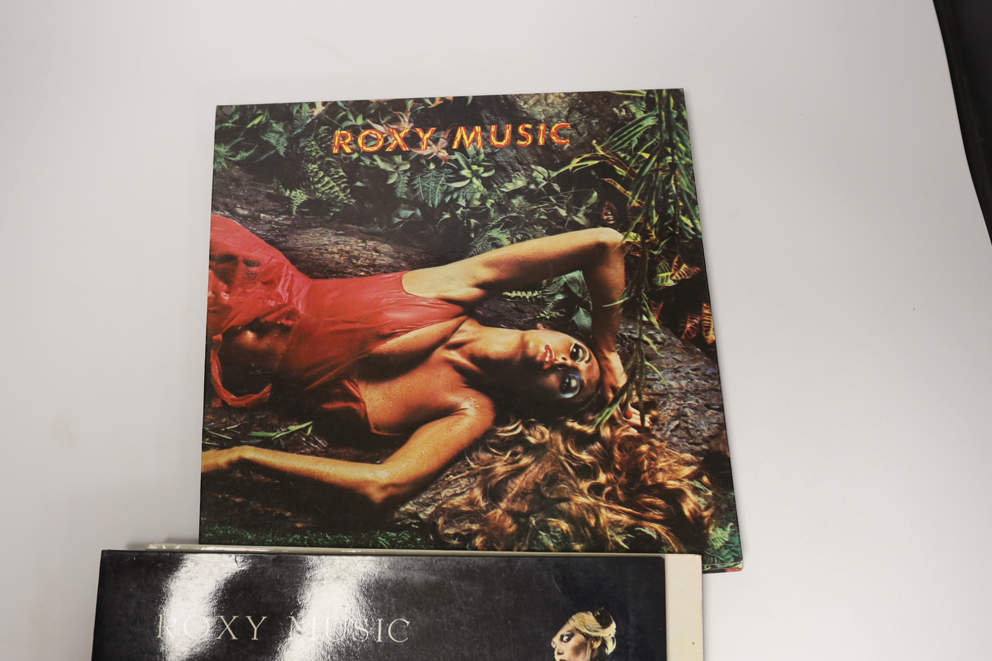 Six Roxy Music LP record albums; Roxy Music, For Your Pleasure, Stranded, Country Life, Manifesto, and Avalon